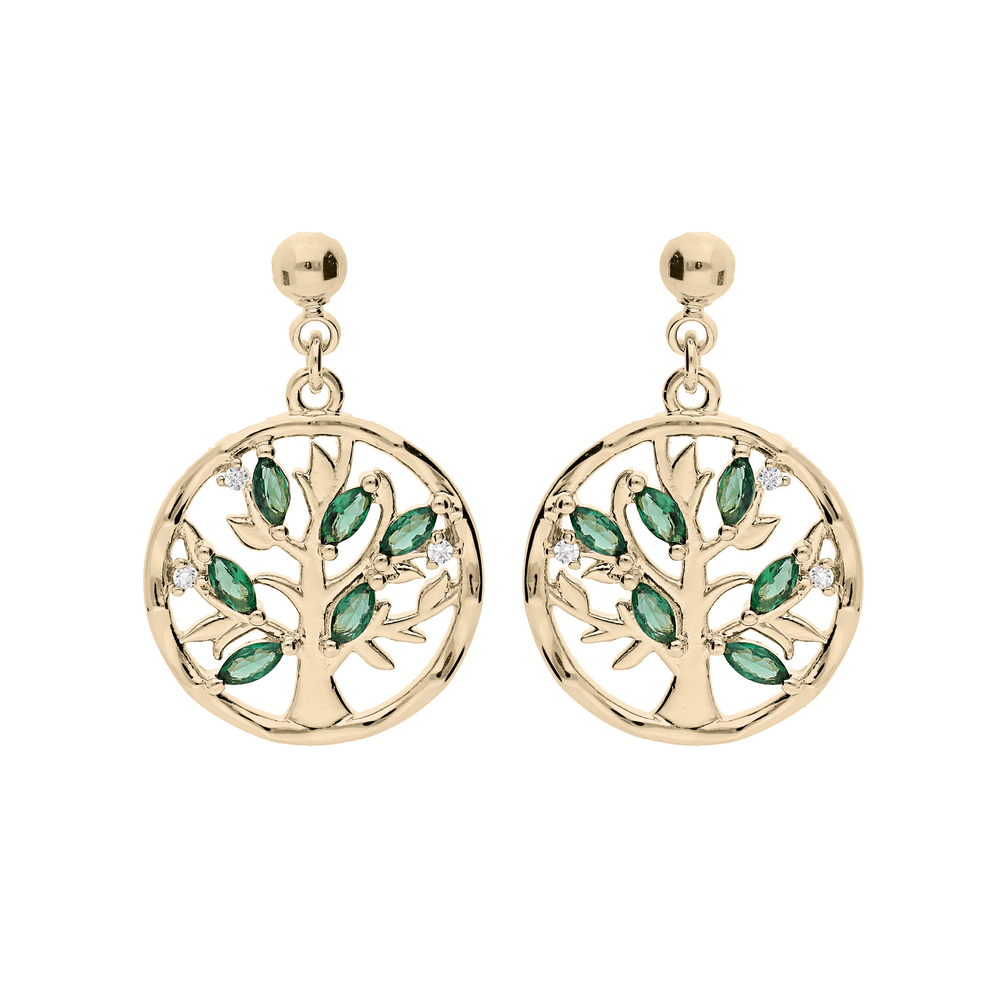 Boucles D Oreille En Plaqu Or Avec Arbre De Vie Oxydes Vert Et Fermoir