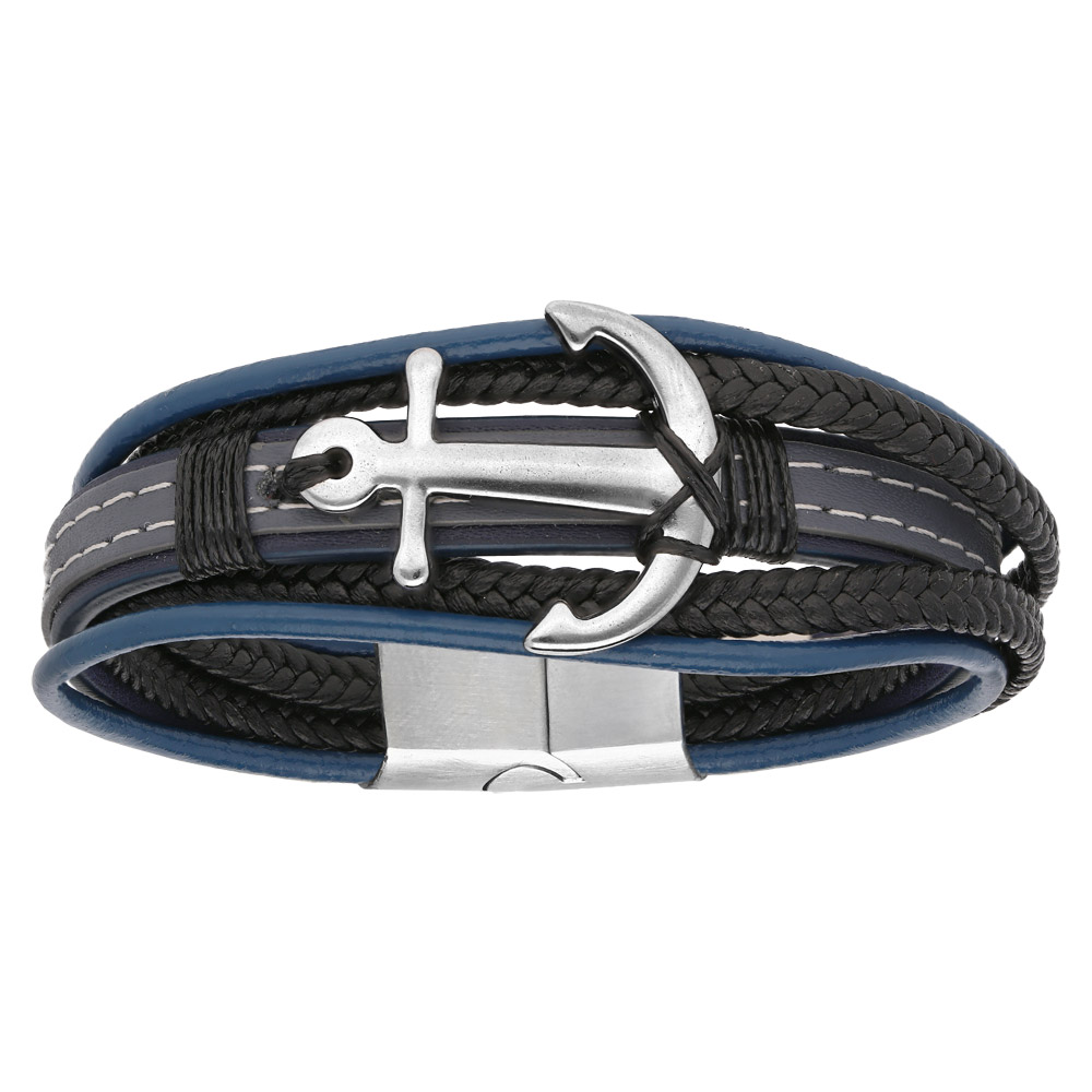 Bracelet En Acier Et Cuir Plusieurs Rangs Bleu Noir Gris Avec Ancre Cm