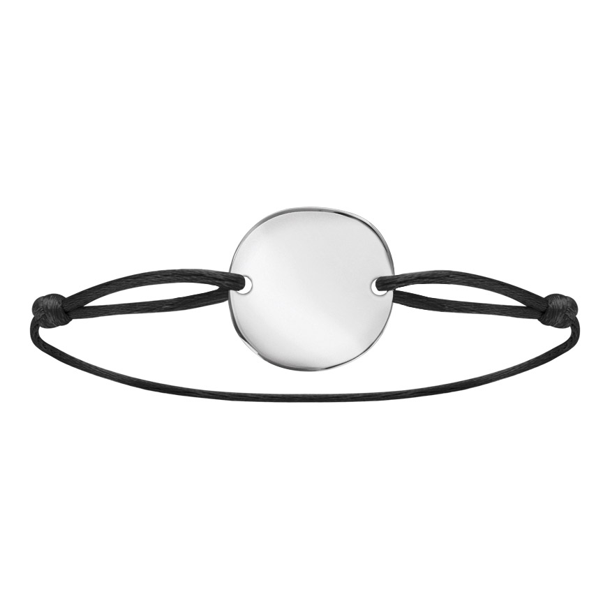 Bracelet En Argent Cordon Coulissant Noir Avec Plaque Ronde