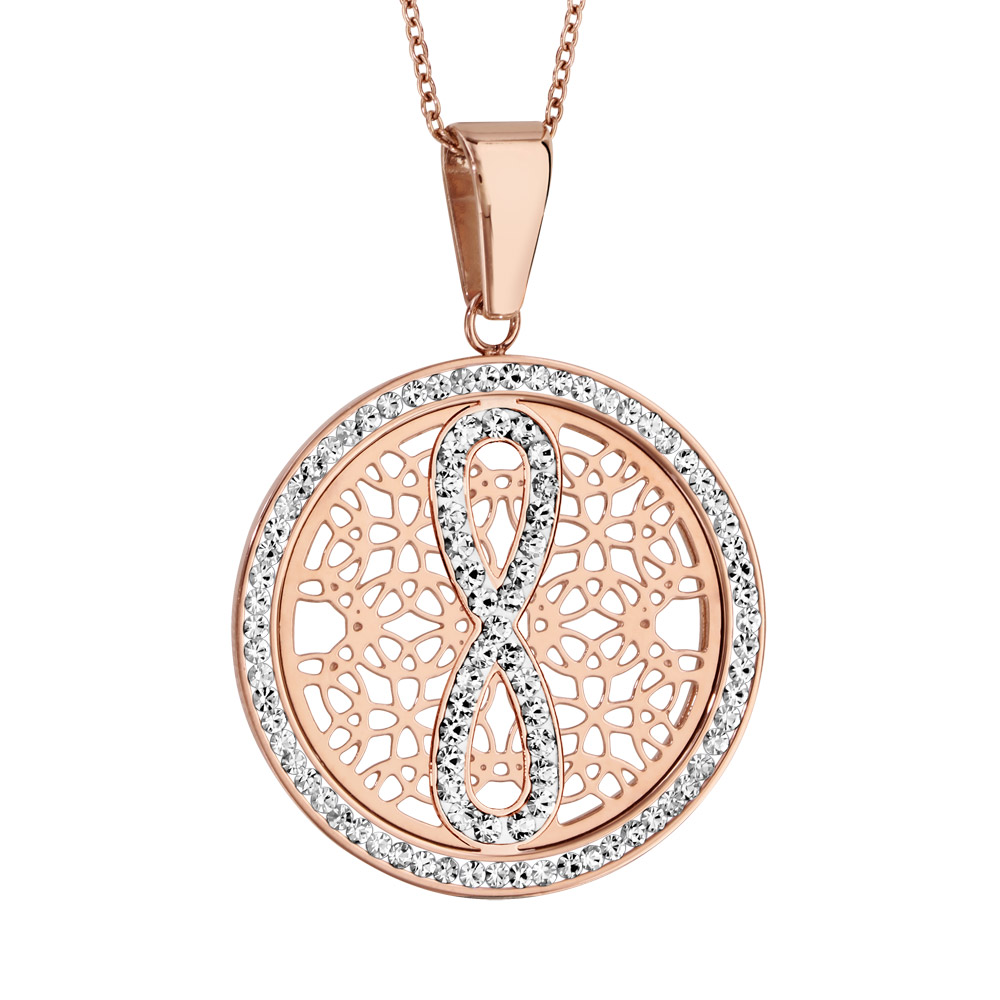 Collier en acier et PVD rose chaîne avec pendentif rond avec motifs