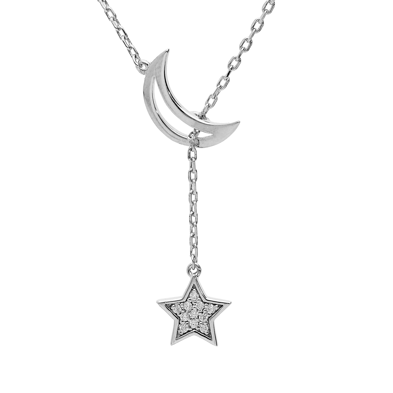 Collier En Argent Platin Lune Vid E Et Pampille Toile Oxydes Blancs