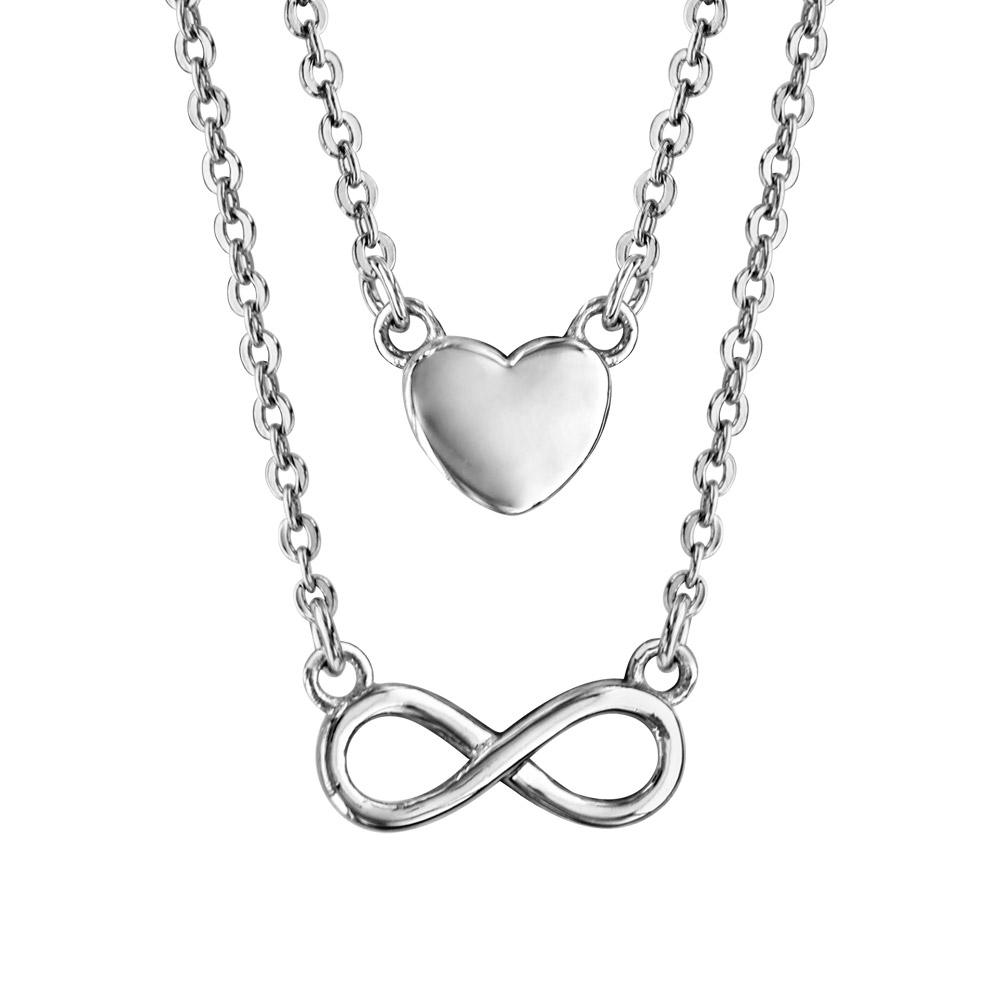 Collier en argent rhodié 2 chaînes avec pendentifs 1 coeur lisse et 1