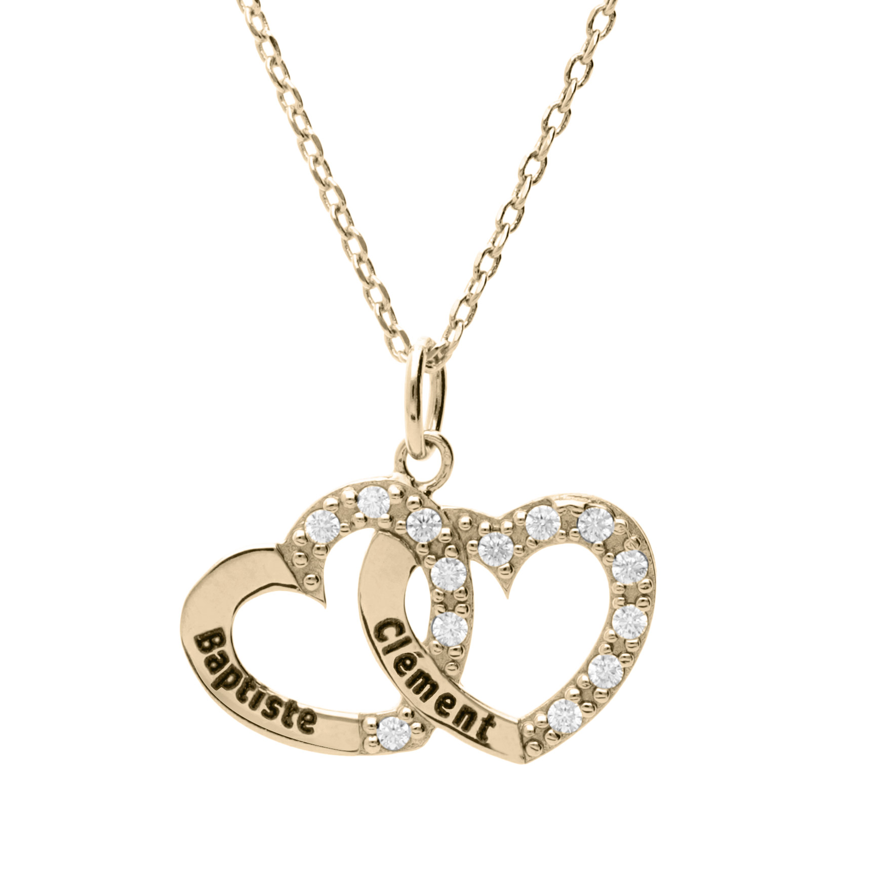 Collier En Plaqu Or Double Coeur Pr Noms Graver Avec Oxydes Blancs