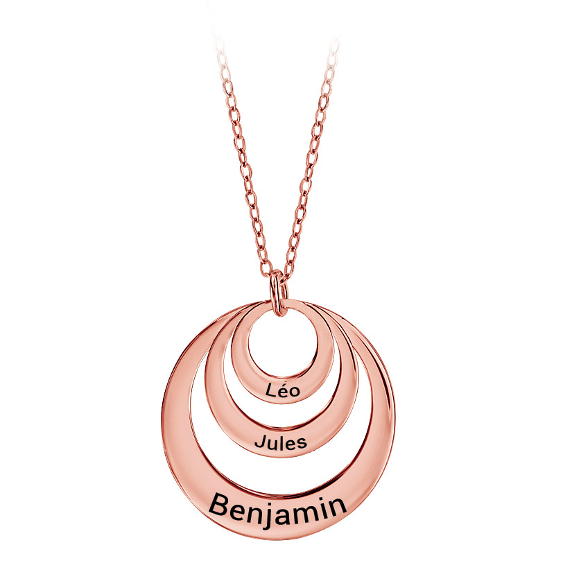 Collier en plaqué or rose chaîne avec pendentif 3 anneaux prénom à