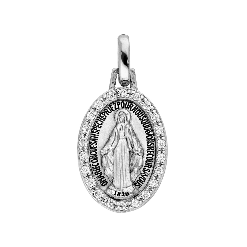 Pendentif en argent rhodié Médaille ovale miraculeuse avec Vierge Marie