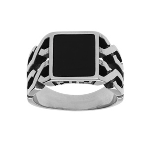 Bague en acier avec plateau carr imitation onyx - Vue 1