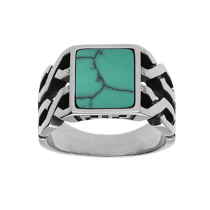 Bague en acier avec plateau carr imitation turquoise - Vue 1