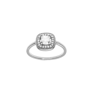 Bague en argent rhodi avec oxyde carr blanc central et contour d\'oxydes blancs - Vue 1