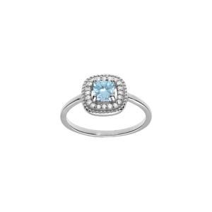 Bague en argent rhodi avec oxyde carr bleu ciel central et contour d\'oxydes blancs - Vue 1