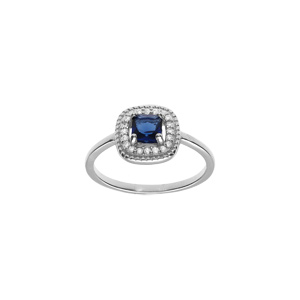 Bague en argent rhodi avec oxyde carr bleu fonc central et contour d\'oxydes blancs - Vue 1