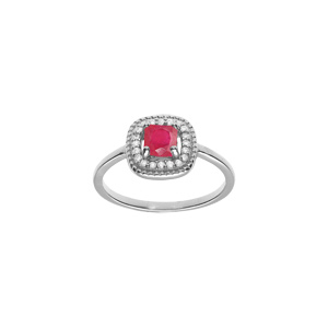 Bague en argent rhodi avec oxyde carr fuchsia central et contour d\'oxydes blancs - Vue 1