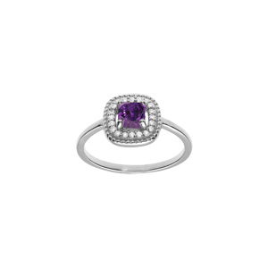 Bague en argent rhodi avec oxyde carr violet central et contour d\'oxydes blancs - Vue 1