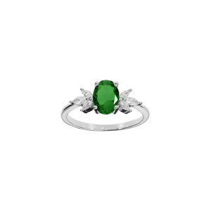 Bague en argent rhodi avec oxydes blancs et vert en forme de fleur - Vue 1