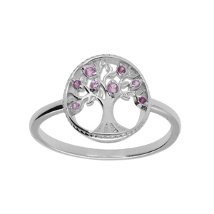 Bague en argent rhodi motif arbre de vie contour perl d\'oxydes roses - Vue 1