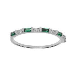 Bague en argent rhodi motif rectangle avec oxydes verts et blancs - Vue 1