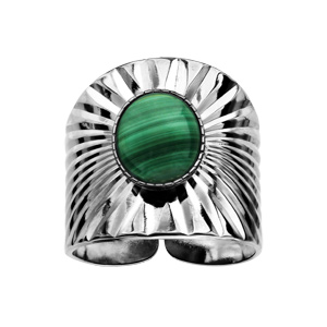 Bague en argent rhodi ouverte drape avec pierre centrale en Malachite vritable - Vue 1