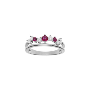 Bague en argent rhodi 2 rangs orn d\'oxydes sertis fushia et blancs - Vue 1