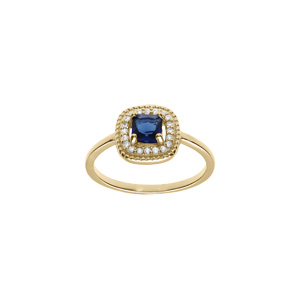 Bague en plaqu or avec oxyde carr bleu fonc et contour d\'oxydes blancs - Vue 1