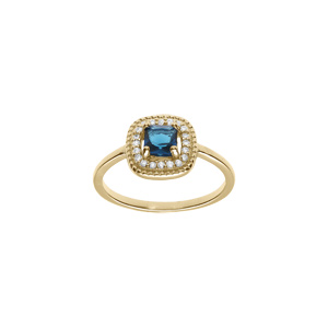 Bague en plaqu or avec oxyde carr bleu moyen et contour d\'oxydes blancs - Vue 1