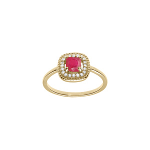 Bague en plaqu or avec oxyde carr fuschia et contour d\'oxydes blancs - Vue 1