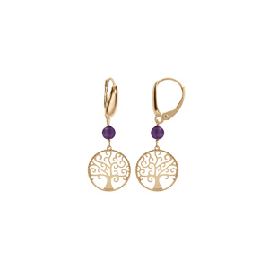 Boucles d\'oreille dormeuse argent dor jaune arbre de vie 15mm et boule jade violette vritable - Vue 1