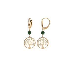 Boucles d\'oreille dormeuse argent dor jaune arbre de vie 15mm et boule malachite vritable - Vue 1