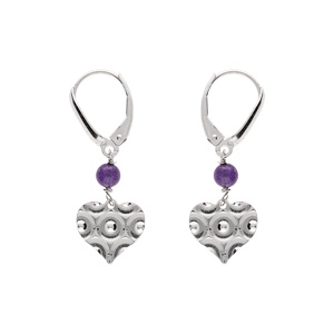 Boucles d\'oreille dormeuse argent rhodi coeur martel avec 1 boule jade violette vritable - Vue 1