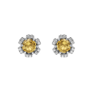 Boucles d\'oreille en argent rhodi forme fleur avec oxydes couleur jaune et blancs sertis fermoir poussette - Vue 1