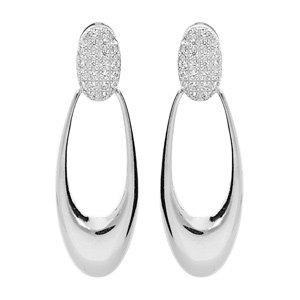 Boucles d\'oreille en argent rhodi massif pendante avec ovale et oxydes blancs sertis et fermoir poussette - Vue 1