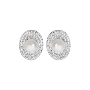 Boucles d\'oreille en argent rhodi ovale pav d\'oxydes blancs sertis et Perle de culture d\'eau douce blanche 6mm et fermoir poussette - Vue 1