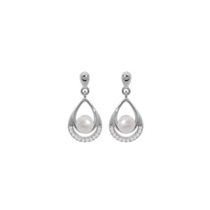 Boucles d\'oreille en argent rhodi perle de culture d\'eau douce blanche suspendue dans goutte et oxydes blancs sertis et fermoir poussette - Vue 1