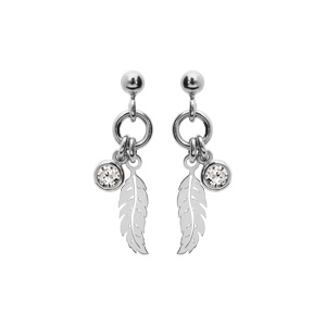 Boucles d\'oreille en argent rhodi plume et 1 oxyde blanc serti clos et fermoir poussette - Vue 1