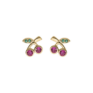 Boucles d\'oreille plaqu or cerise oxydes rouge et vert - Vue 1