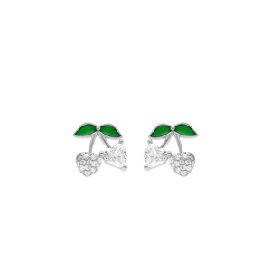 Boucles d\'oreille tige argent rhodi cerise oxydes forme coeur blancs et verts - Vue 1