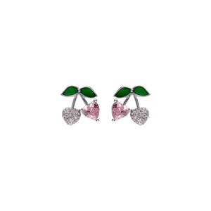 Boucles d\'oreille tige argent rhodi cerise oxydes forme coeur rose et verts - Vue 1