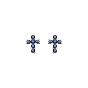 Boucles d\'oreille tige argent rhodi croix oxydes bleu - Vue 1