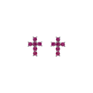 Boucles d\'oreille tige argent rhodi pendentif croix oxydes fushia - Vue 1