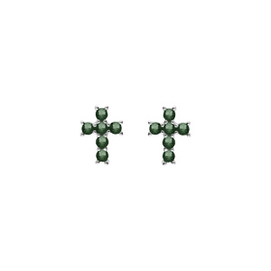 Boucles d\'oreille tige argent rhodi pendentif croix oxydes vert - Vue 1