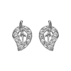 Boucles d\'oreilles en argent rhodi feuille avec contour en oxydes blancs sertis et fermoir poussette - Vue 1