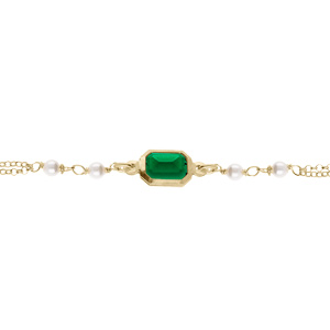 Bracelet argent dor 1 oxyde vert rectangulaire et perles blanches rglable 16  19cm - Vue 1