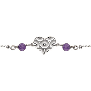 Bracelet argent rhodi chane boule coeur martel avec 2 boules jade violette vritable rglable 16  19cm - Vue 1