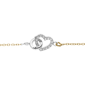 Bracelet chane dor jaune et coeur et cercle entrelac argent rhodi avec oxyde blanc  rglable 16  19cm - Vue 1