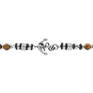 Bracelet en acier boules Oeil de tigre vritable marron avec ancre longueur 19+3cm - Vue 1