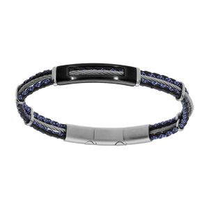 Bracelet en acier cordon bleu et noir avec cble gris pice rectangulaire au centre longueur 20+1cm double fermoir - Vue 1