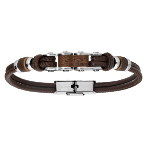 Bracelet en acier et cuir marron lments bois rglable 20cm - Vue 1