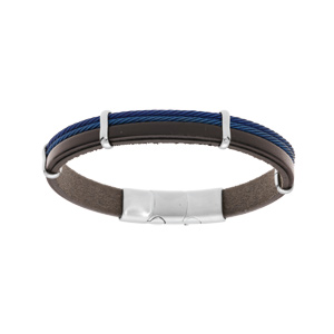 Bracelet en acier et cuir noir avec 2 cbles bleu et double fermoir 20+1cm - Vue 1