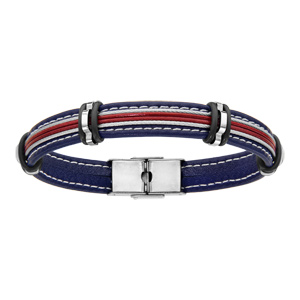 Bracelet en cuir bleu marine et 2 brins rouges au milieu entours de 2 cbles en acier gris - longueur 20cm - Vue 1