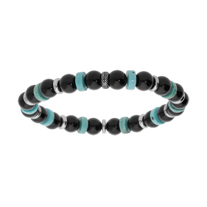 Bracelet extensible en acier avec boules Agate noire et rondelles Howlite - Vue 1