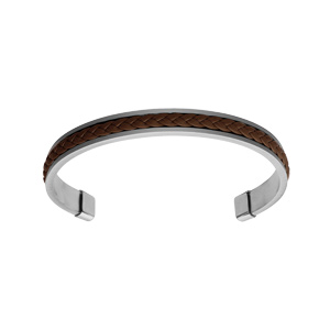 Bracelet jonc en acier ouvert et fond cuir vritable tress couleur marron - Vue 1