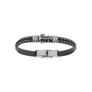 Bracelet junior en acier tissu noir et gris avec motif ancre marine 16.5cm - Vue 1